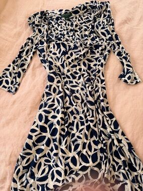 Ralph Lauren Navy and White Long-Sleeve Printed Wrap Dress
